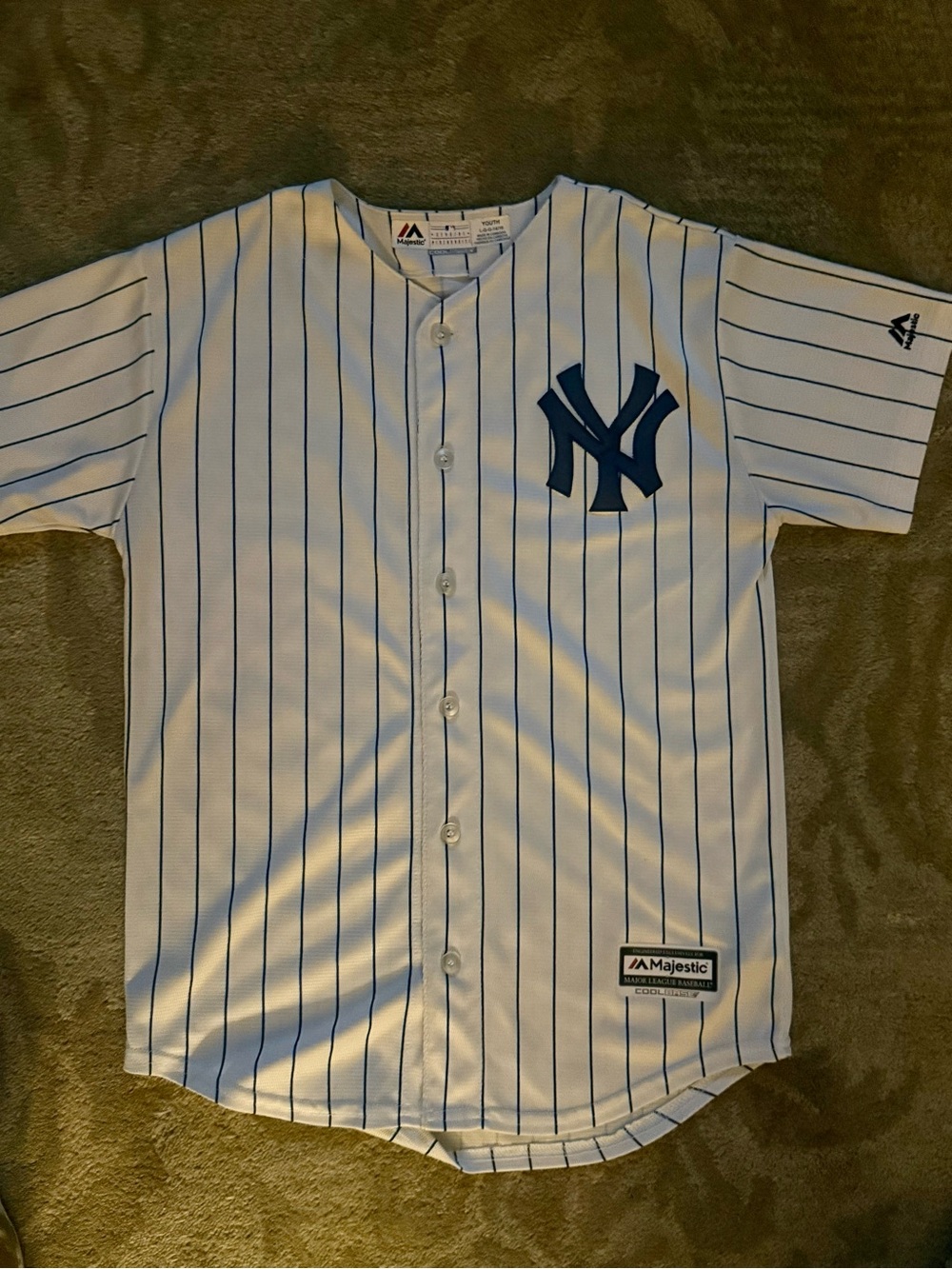 Youth Large 14/16 Majestic White Pinstripe Baseball Jersey with Navy Logo